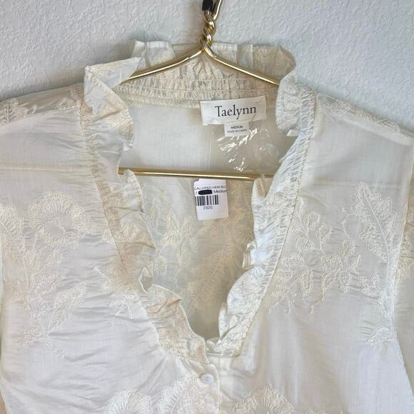 Taelynn Sheer Ivory Long Sleeve Button Down Blouse V Neck Ruffle Collar Sz Med - Picture 6 of 11